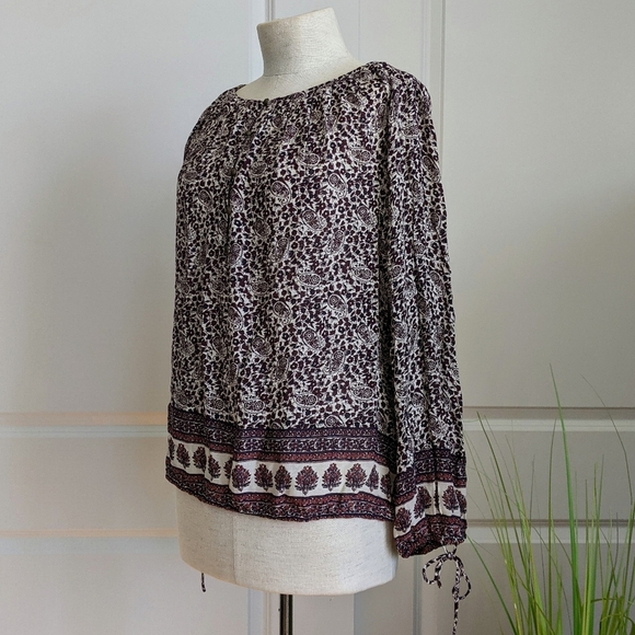 Lucky Brand Blouse Peasant Paisley Floral Print Long Sleeve Burgundy Navy L NWT - Picture 9 of 11